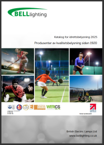 Forside av BELL lighting katalog for idrettsbelysning 2025 med bilder av idrettsutøvere i ulike sportsaktiviteter.