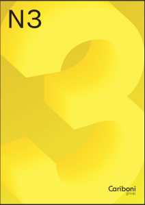 Katalogomslag for CARIBONI med stor gul '3' og logoen til Cariboni group.