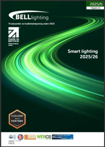 Bell Lighting katalogen 'Smart lighting 2025/26' og et grønt og svart design. Inkluderer logoer og informasjon om selskapet.