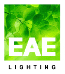 Logo for EAE Lighting med grønn bladbakgrunn og hvit tekst.