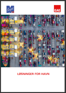 Oversiktsbilde av en havn med konteinerterminaler og skip, med tydelige farger av lastecontainere og belysning.